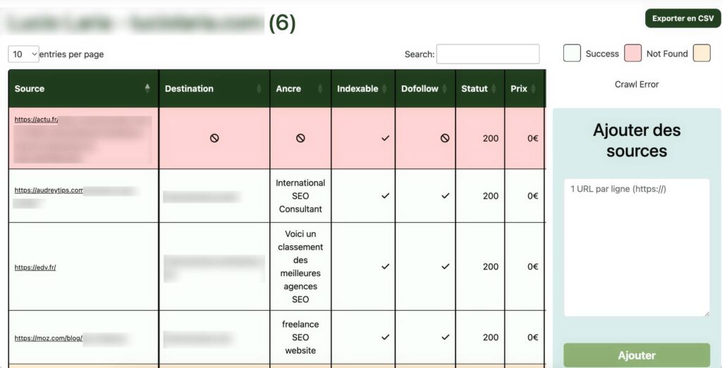 Vérification des liens sur Link Finder